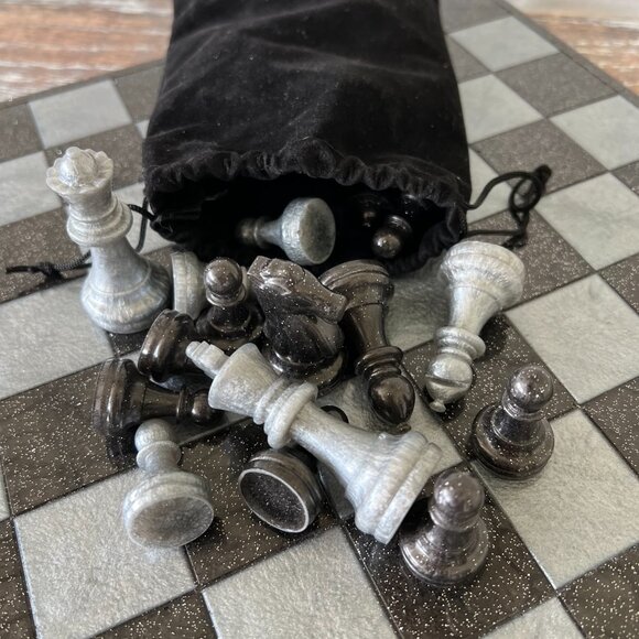 Black Glitter and Metallic Gray Silver Chess Board Game with Velvet Bag 32 piece - Picture 9 of 9